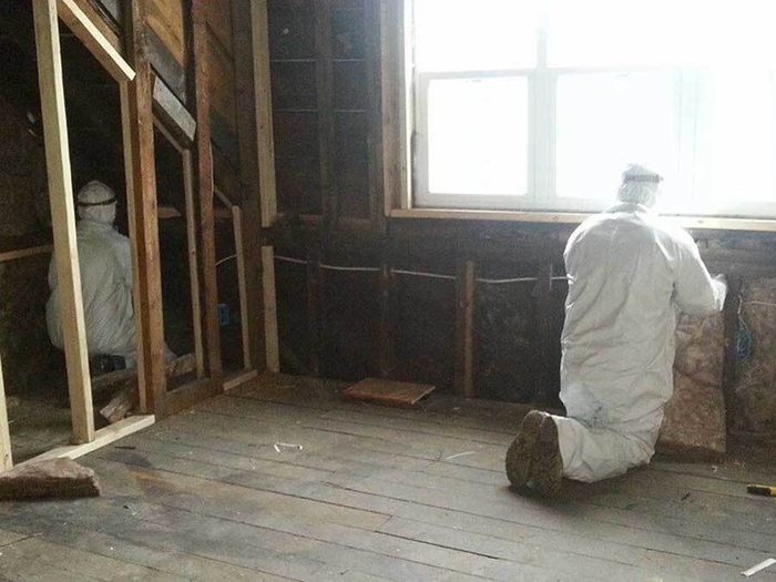 Professional insulation contractors installing wall insulation in a home renovation project