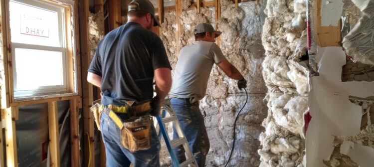 Two workers installing cellulose insulation in wall cavities